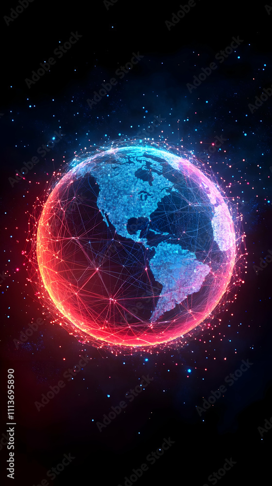 Poster a digital representation of earth with a network overlay, symbolizing global connectivity.