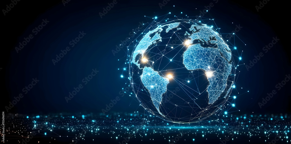 Poster A digital globe with interconnected lines and nodes, symbolizing global connectivity.