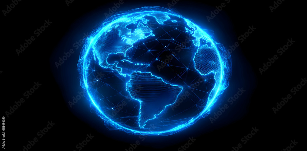 Poster a glowing blue representation of earth with a network of connections.