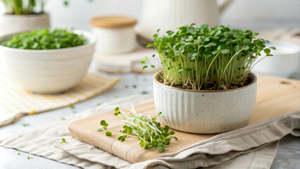 Small white ceramic pot with growing microgreens, light wooden surface. Microgreens look fresh and juicy, adding a bright green accent.