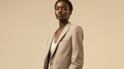 Obraz premium A black woman with short hair wears a beige blazer and looks at the camera.
