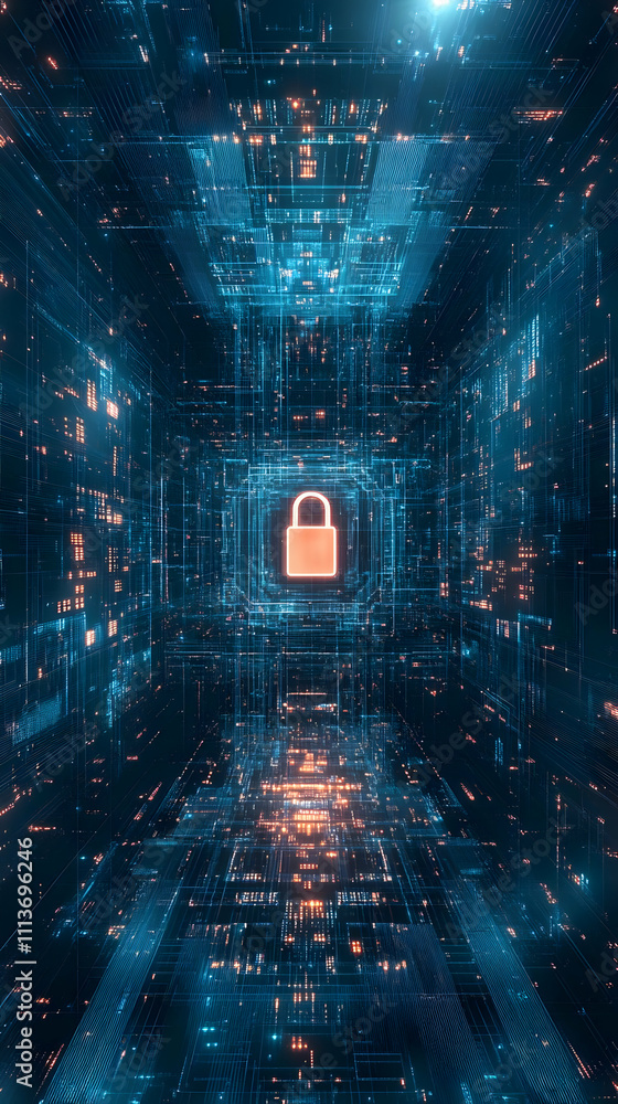 Poster a digital lock surrounded by a futuristic, glowing network, symbolizing cybersecurity.