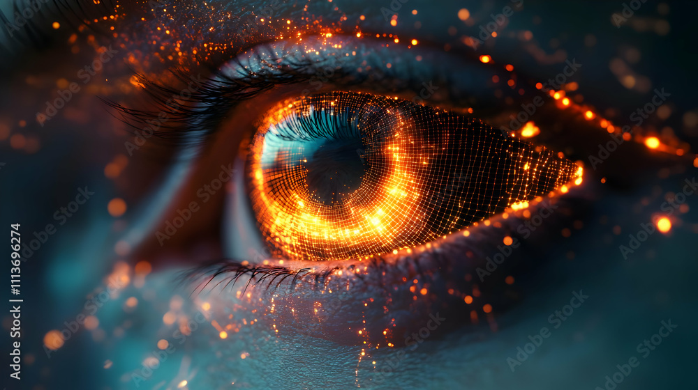 Aufkleber a close-up of an eye with fiery, digital effects symbolizing technology and perception.