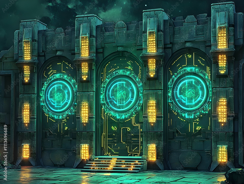 Aufkleber A futuristic, illuminated door with circuit patterns and glowing elements.