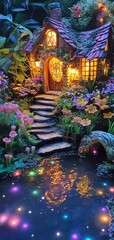 Fototapeta premium Enchanting fairy garden adventure hidden glade magical scene lush nature nighttime glow whimsical charm