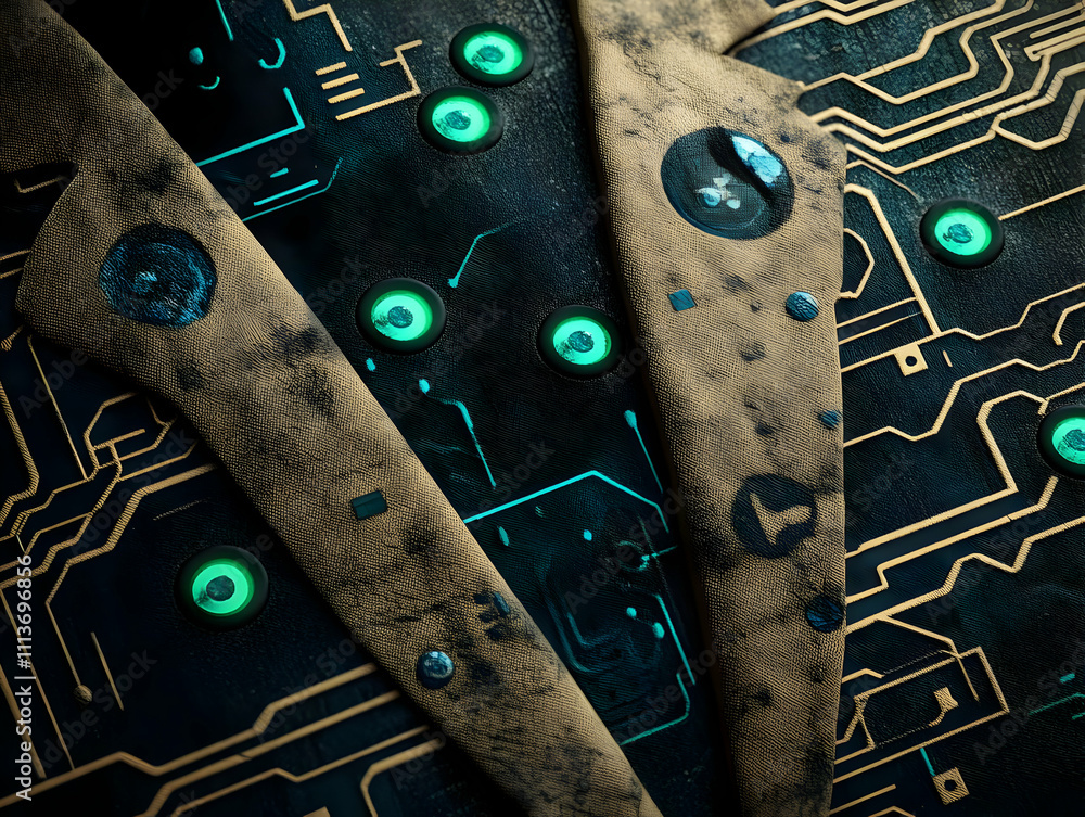 Poster Close-up of a textured surface with circuit patterns and glowing elements.