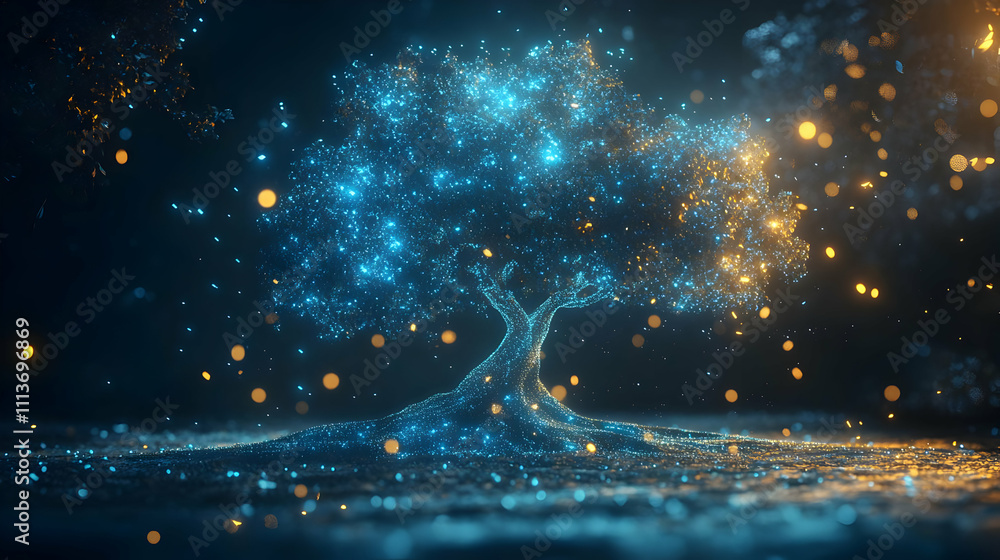 Poster A glowing, ethereal tree surrounded by shimmering particles in a mystical environment.