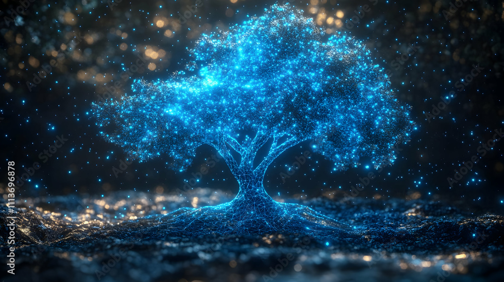 Poster A glowing, digital tree surrounded by sparkling particles in a dark environment.