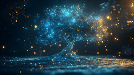 A glowing, ethereal tree surrounded by shimmering particles in a mystical environment.