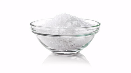 Glass Bowl of Baking Soda: A glass bowl filled with baking soda, isolated on a white background.