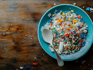 A dinner plate with a spoon and colorful microplastic particles scattered on it.