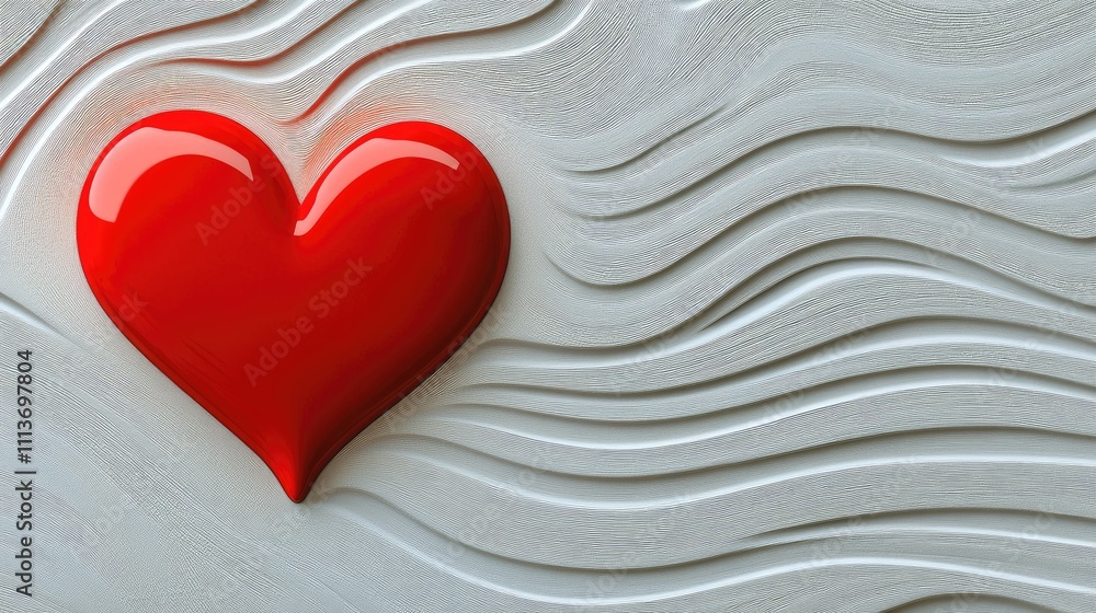 Poster a bold red heart embossed on a smooth light gray background, creating a subtle 3d effect.