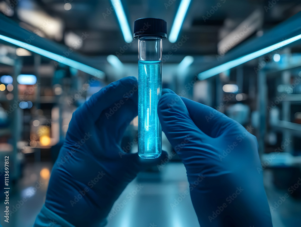 Poster a scientist holds a glowing test tube in a laboratory setting.