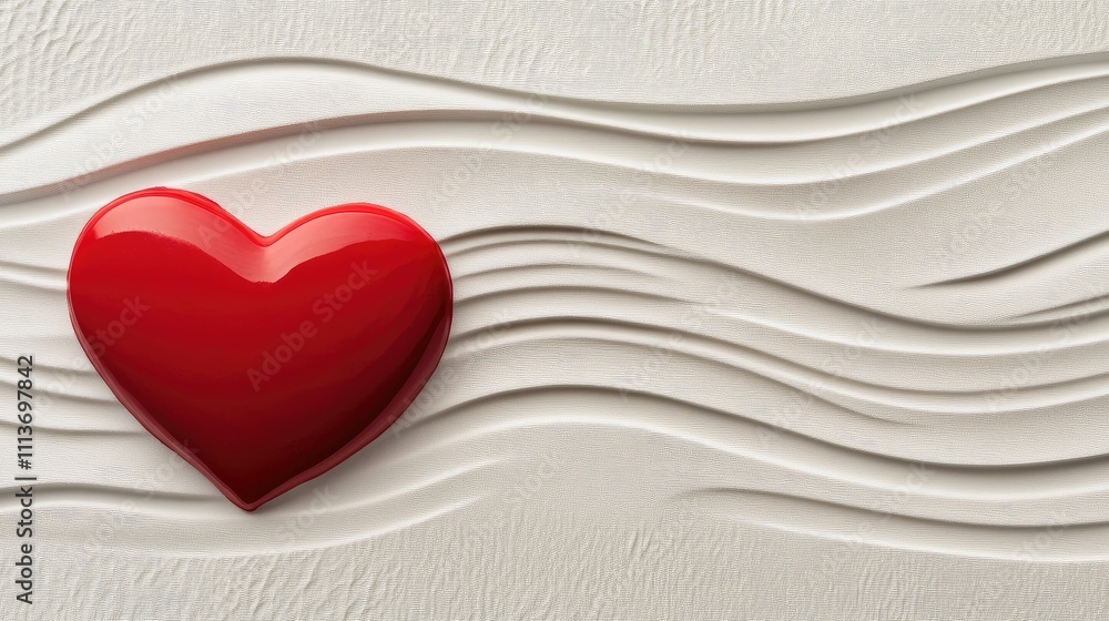 Poster a bold red heart embossed on a smooth light gray background, creating a subtle 3d effect.
