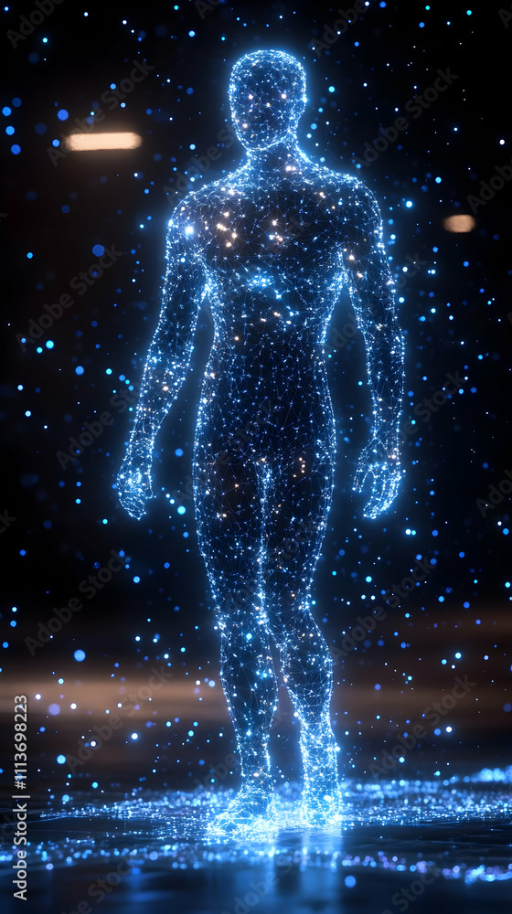 Poster a holographic figure composed of glowing particles, representing a digital human form.