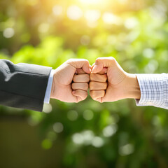 Two hands performing a fist bump against a sunny, green background, symbolizing teamwork and unity.