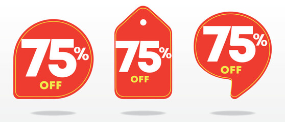 75% discount. Red price tag. Coupon, voucher. Creative design poster, marketing. Sale special offer. Advertising campaign, retail, sticker, announcement. Online shop, value, percent. Set, vector
