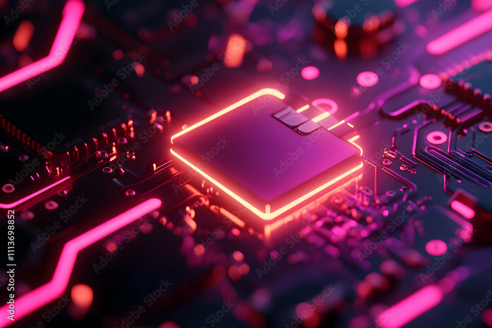 Poster A close-up view of a glowing microchip on a circuit board, showcasing technology design.