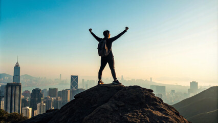 silhouette of a lone climber standing atop a mountain peak at sunrise, embracing freedom and victory