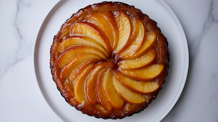 An overhead view of a perfectly caramelized Tarte Tatin, with apple slices arranged
