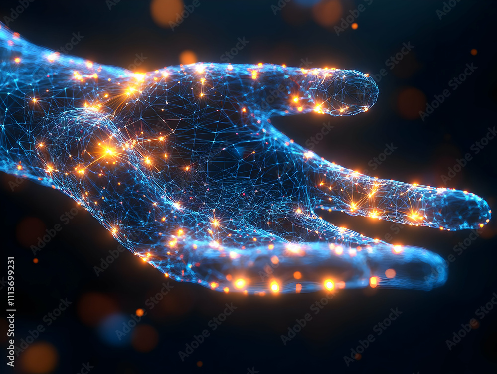 Poster a glowing, digital representation of a hand, symbolizing technology and connectivity.