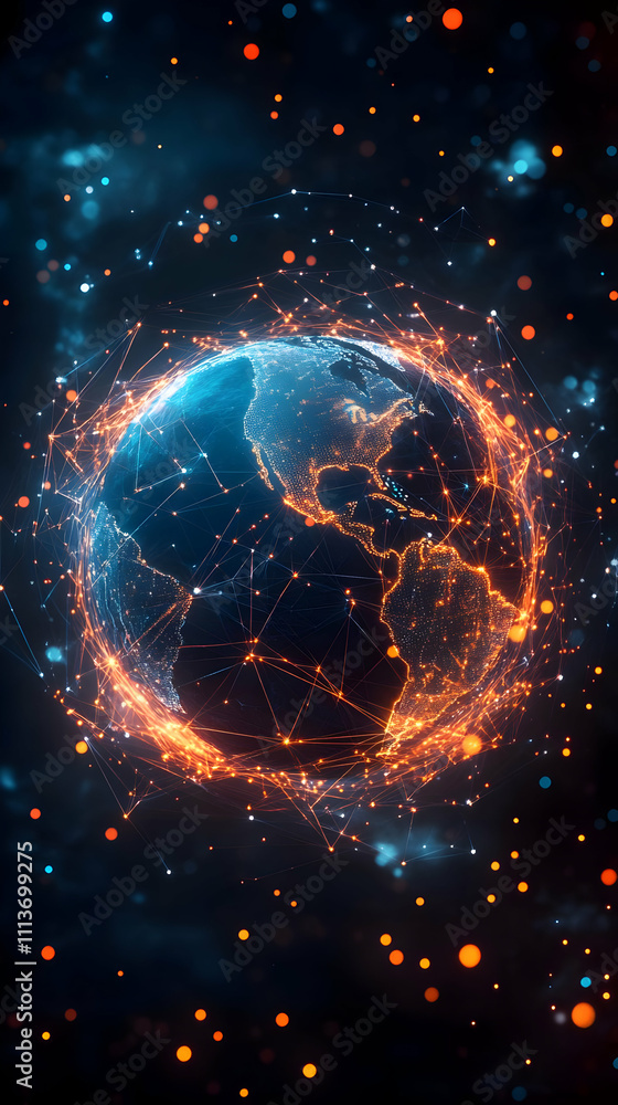 Poster a digital representation of earth surrounded by glowing connections and particles.