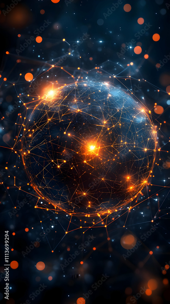 Poster A digital representation of a globe interconnected with glowing lines and nodes.