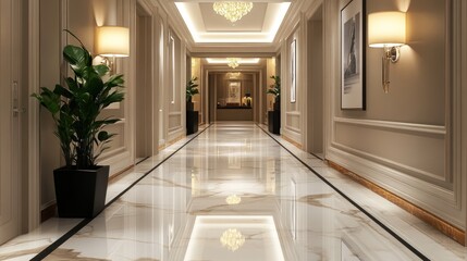 Elegant Hotel Corridor Interior Design: Luxurious Marble Flooring and Classic Decor