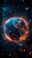Obraz premium A digital representation of Earth surrounded by glowing connections and particles.