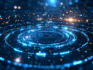 Obraz premium Abstract digital background with glowing blue lights and circular patterns.