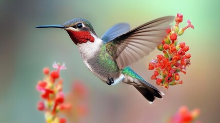 Fototapeta premium Vibrant hummingbird in flight, feeding on red flowers.