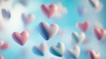 Fototapeta premium A group of small pastel-colored hearts floating gently on a light sky-blue background.