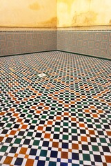 Colorful mosaic room with optical illusion perspective abstract background pattern