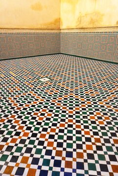 Colorful mosaic room with optical illusion perspective abstract background pattern
