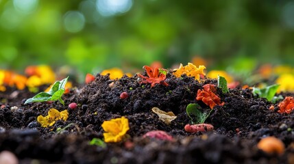 Rich soil with colorful flower petals and leaves. Perfect for illustrating gardening, growth, or spring themes.