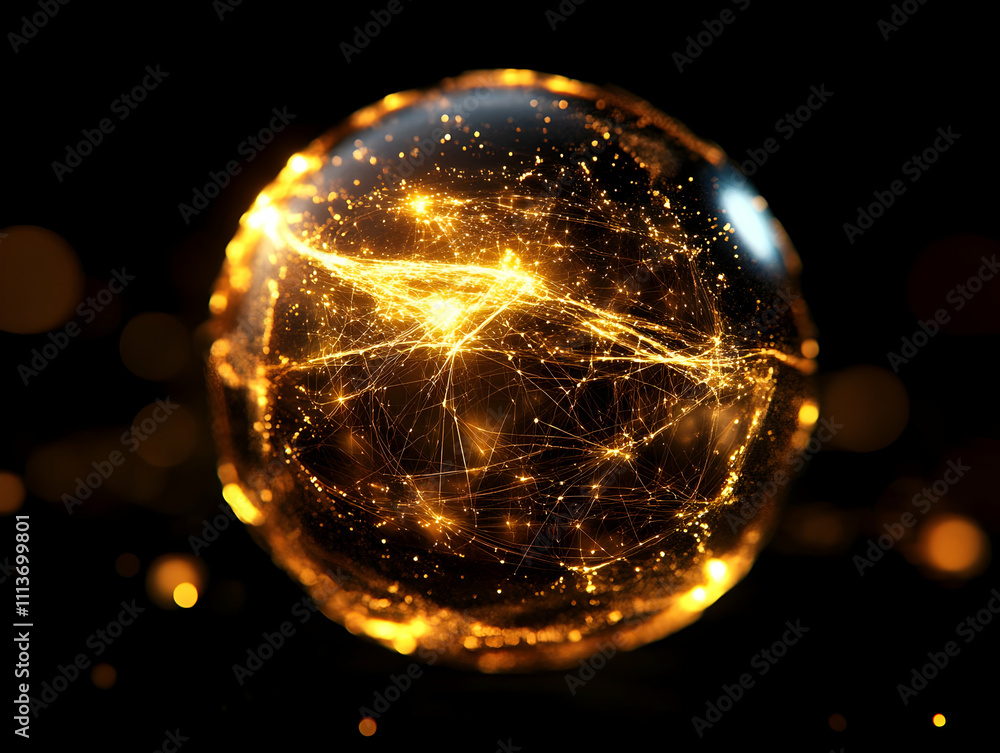 Poster A glowing spherical object with intricate golden lines and particles, suggesting connectivity.