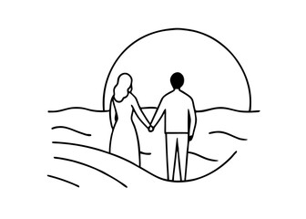 Couple Holding Hands at Sunset Line Art.