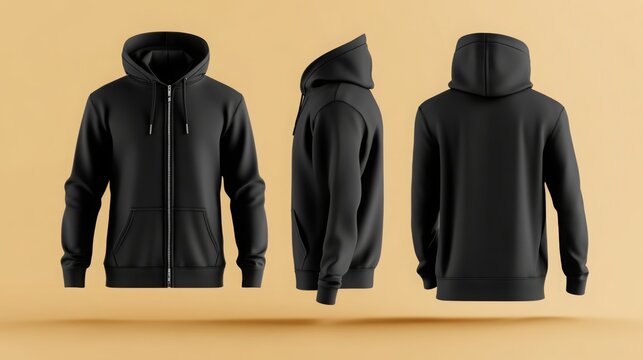 black pullover hoodie with zipper mockup for men with front and back view. hoodie mock-up template .
