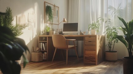 Sunlit Home Office Workspace With Plants And Wooden Desk