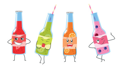 Set of funny drink bottle characters with straws in cartoon style. Vector illustration of fruit juice bottle characters: smiling brightly, showing tongue, cute, winking isolated on white background.