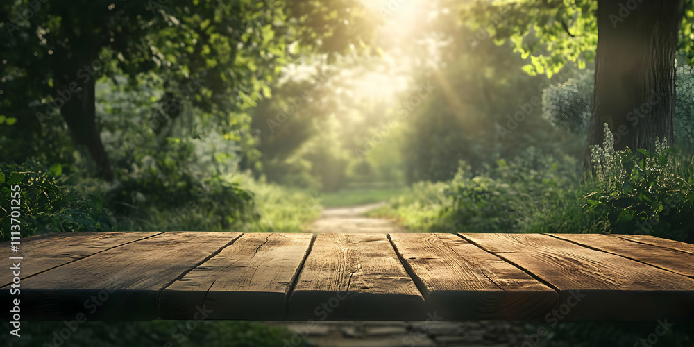 Poster a serene forest path illuminated by soft sunlight, inviting exploration and tranquility.
