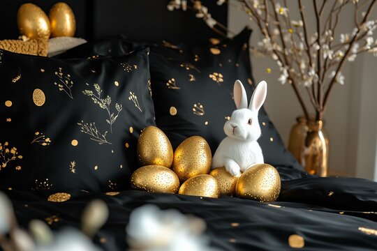 Close up of a stylish black easter themed bed sheets with golden eggs shaped pillows, white bunny sits on the bed. minimalist glamour bedroom design with golden accents and spring flowers