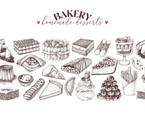 Bakery horizontal seamless border with pastry