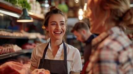 Obraz premium Smiling saleswoman assisting couple in buying meat at butchers shop