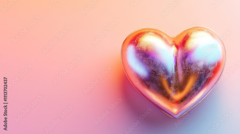 Aufkleber a shiny metallic heart placed on a soft gradient background transitioning from pink to peach.