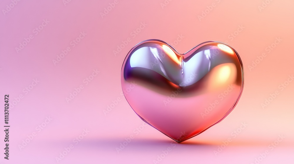 Aufkleber a shiny metallic heart placed on a soft gradient background transitioning from pink to peach.