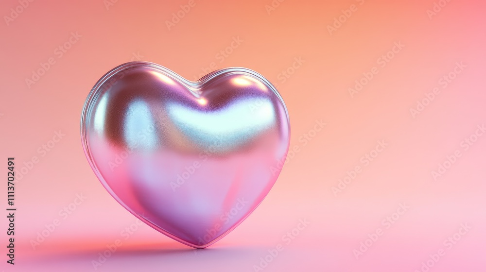 Aufkleber a shiny metallic heart placed on a soft gradient background transitioning from pink to peach.