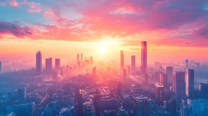 Cityscape at Sunrise with Pink and Orange Hues