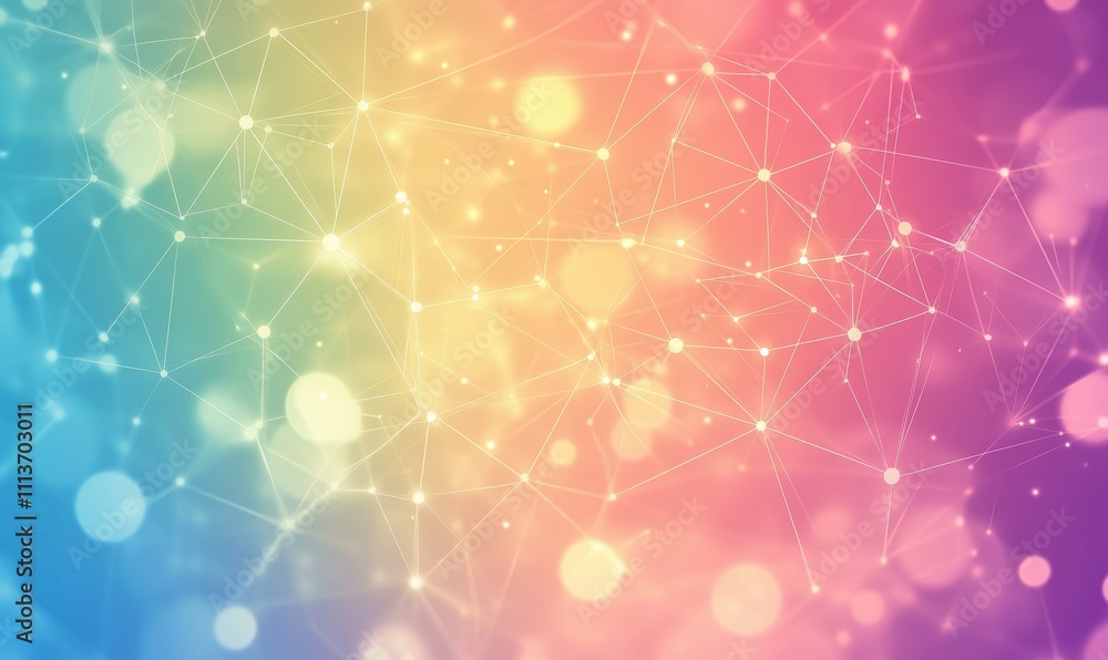 Poster abstract network connections with colorful gradient background, vibrant nodes and lines, digital art