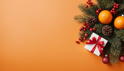 Christmas orange background with christmas tree, box, and decorations, Ai generated images